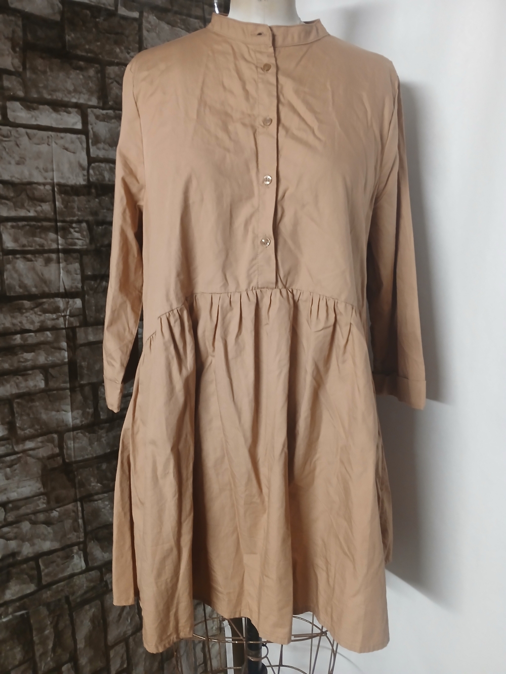 Primark Tan Button-Front Midi Dress with Gathered Waist